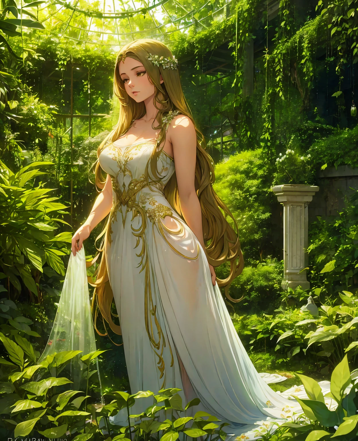 a beautiful young woman in a long flowing dress, delicate and ethereal like a dryad, standing in a lush, verdant garden, sunlight filtering through the leaves, soft and romantic lighting, intricate floral details, highly detailed and realistic, masterpiece, photorealistic, 8k, vibrant colors, cinematic composition