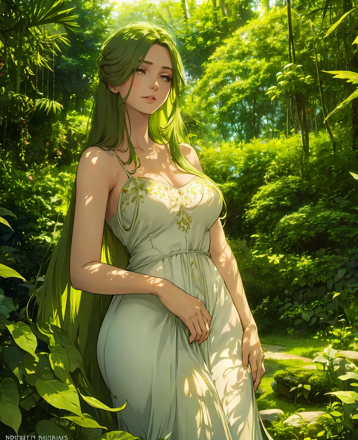 a beautiful young woman in a long flowing dress, delicate and ethereal like a dryad, standing in a lush, verdant garden, sunlight filtering through the leaves, soft and romantic lighting, intricate floral details, highly detailed and realistic, masterpiece, photorealistic, 8k, vibrant colors, cinematic composition