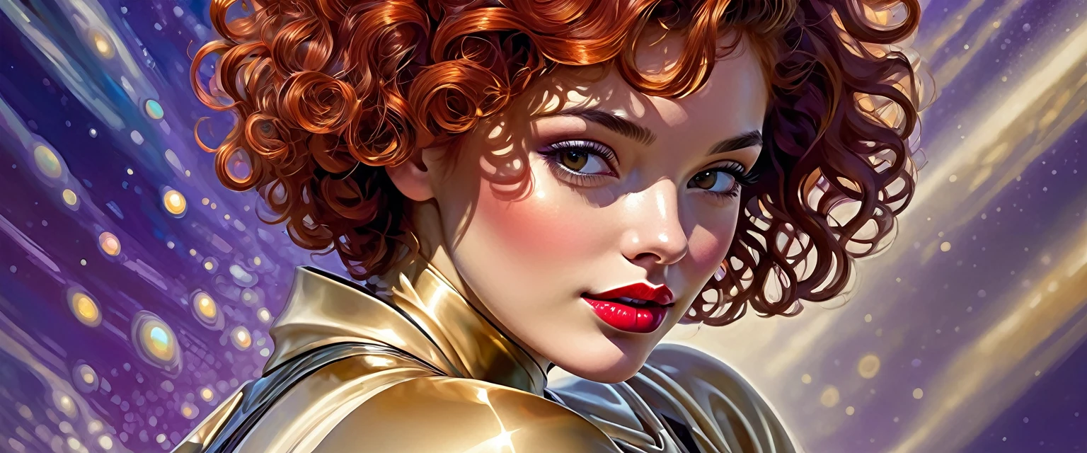 High-quality realistic acrylic painting, lateral back view, VIVID COLORS, a beautiful woman with short curly red hair, red lips, looking at the viewer with suspicious face and a shy smile. She wears beige AND purple shiny ultra-glossy armor, with the hands in waist, against a deep space background
