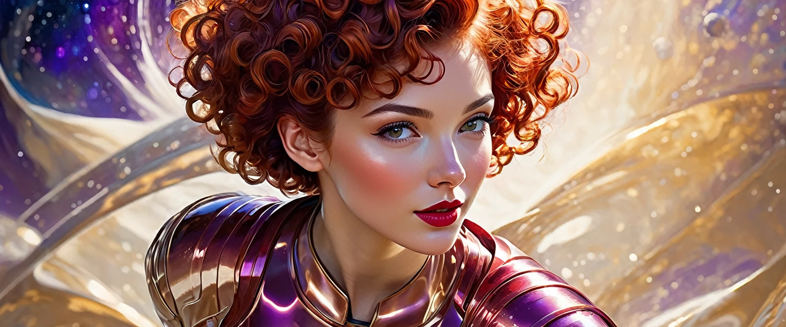 High-quality realistic acrylic painting, lateral back view, VIVID COLORS, a beautiful woman with short curly red hair, red lips, looking at the viewer with suspicious face and a shy smile. She wears beige AND purple shiny ultra-glossy armor, with the hands in waist, against a deep space background