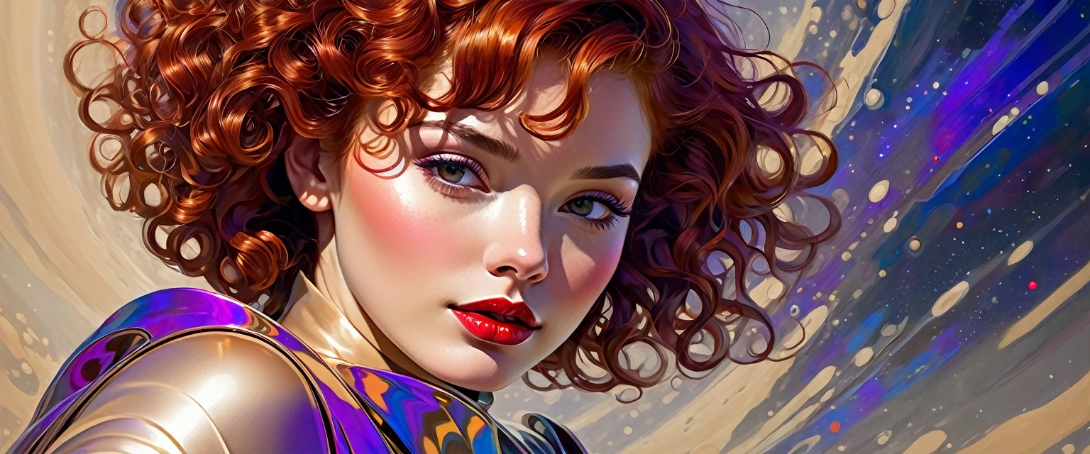 High-quality realistic acrylic painting, lateral back view, VIVID COLORS, a beautiful woman with short curly red hair, red lips, looking at the viewer with suspicious face and a shy smile. She wears beige AND purple shiny ultra-glossy armor, with the hands in waist, against a deep space background