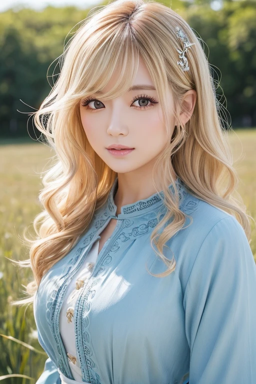 (masterpiece:1.2), (Highest quality:1.2), Perfect Eyes, Perfect Face, Perfect lighting, One girl, Mature Japanese woman in a field, Medium blonde hair, Curly Hair, Detailed clothing, Detailed outdoor background, compensate, eye shadow, Thick eyelashes, Fantasy, Looking at the audience, spring 