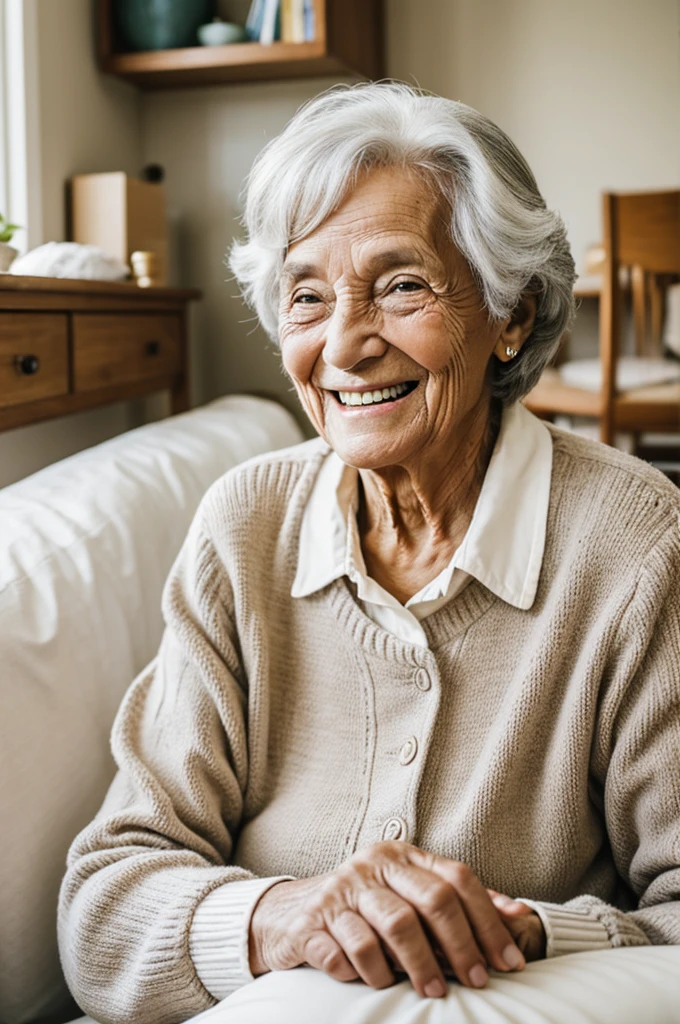 An elderly woman smiling at home