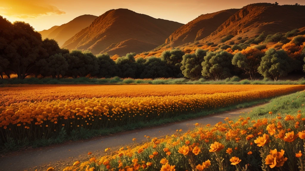 A beautiful orange landscape, orange flowers in the center, black in the background, detailed, photorealistic, 8K, professional, vibrant colors, cinematic lighting, masterpiece