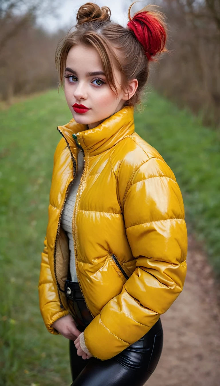 ultrarealistic high quality fullbody photo of a beautiful slim european teen girl with cute hyperdetailed shy face and natural redhead short messy bun and mischievous face, realistic round hazel eyes, red lips, dark eye makeup with eyeliner, wearing shiny yellow puffer jacket and faux leather leggins, hourglass body, outdoor shooting