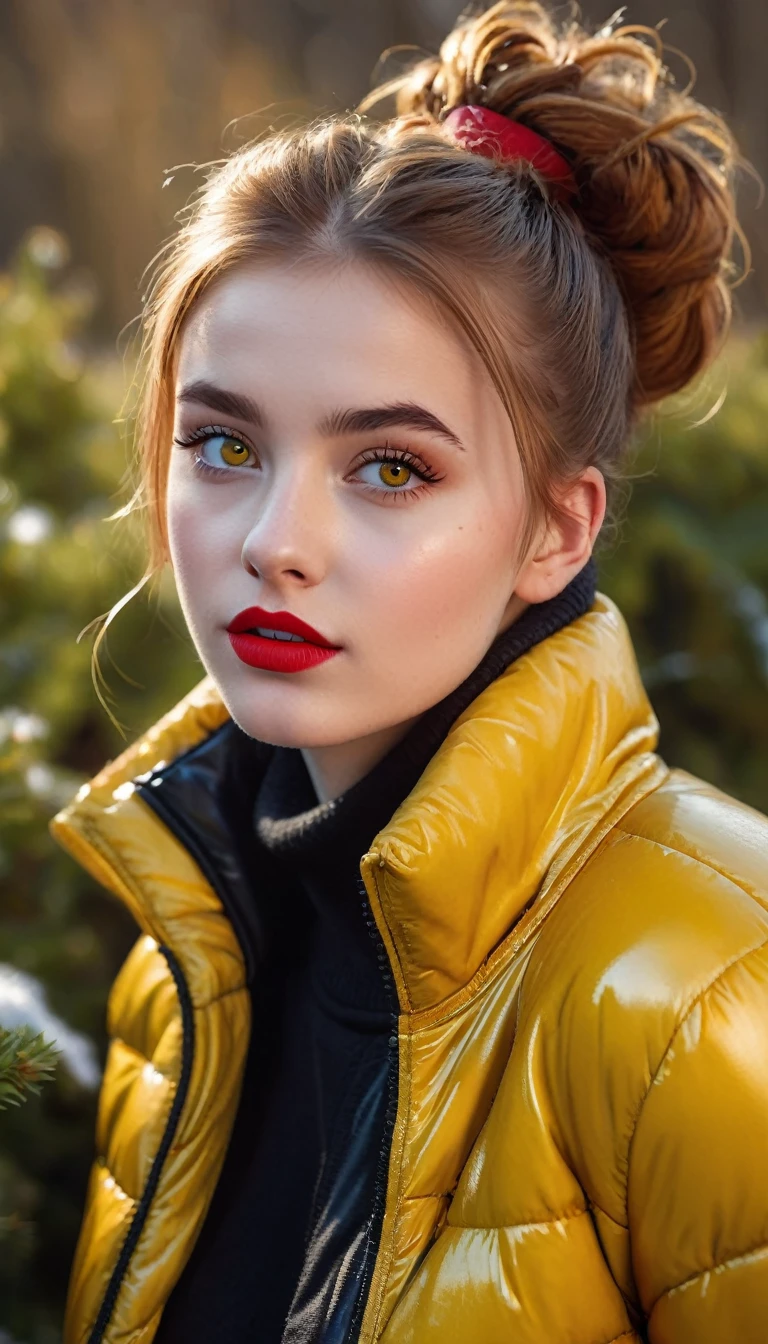 ultrarealistic high quality fullbody photo of a beautiful slim european  girl with cute hyperdetailed shy face and natural redhead short messy bun and mischievous face, realistic round hazel eyes, red lips, dark eye makeup with eyeliner, wearing shiny yellow puffer jacket and faux leather leggins, hourglass body, outdoor shooting