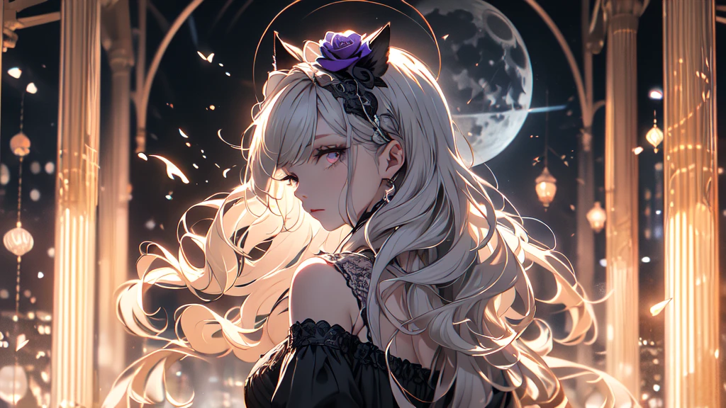 The work of a hyperrealist artist, Her details are lovingly painted,1 female, mature beautiful woman,alone, Long wavy gray hair, gray hair, bangs,fluffy hair,white cat ears,Odd-eyed purple and pink eyes, long eyelashes, thick eyelashes, closed mouth,Gothic ta fashion based on noble black、gothic dress,gorgeous dress, (long sleeve:1.2),Delicate lace and ribbon、elegant decoration、A black bonnet and a purple rose on my head,whole body,particles of light, soft lighting, volume lighting, intricate details, finely, dramatic, cinematic, highest quality, masterpiece, looking at the viewer, The background is a purple bright wallpaper with a moon, Abundant light,rays of moonlight,from behind,