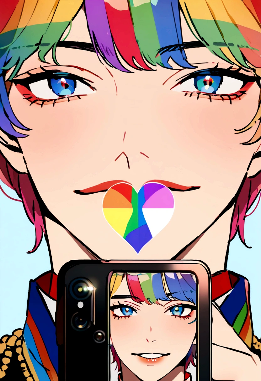 BTS Kim Taehyung with Front Camera Facial Focus, portrait mode, perfectly straight in front of the camera and with the LGBT flag 