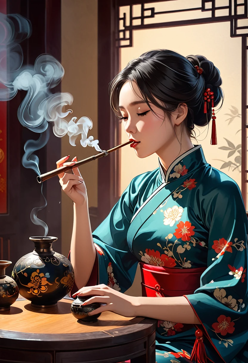 A young woman in a Chinese dress smokes opium through a pipe、It's hazy