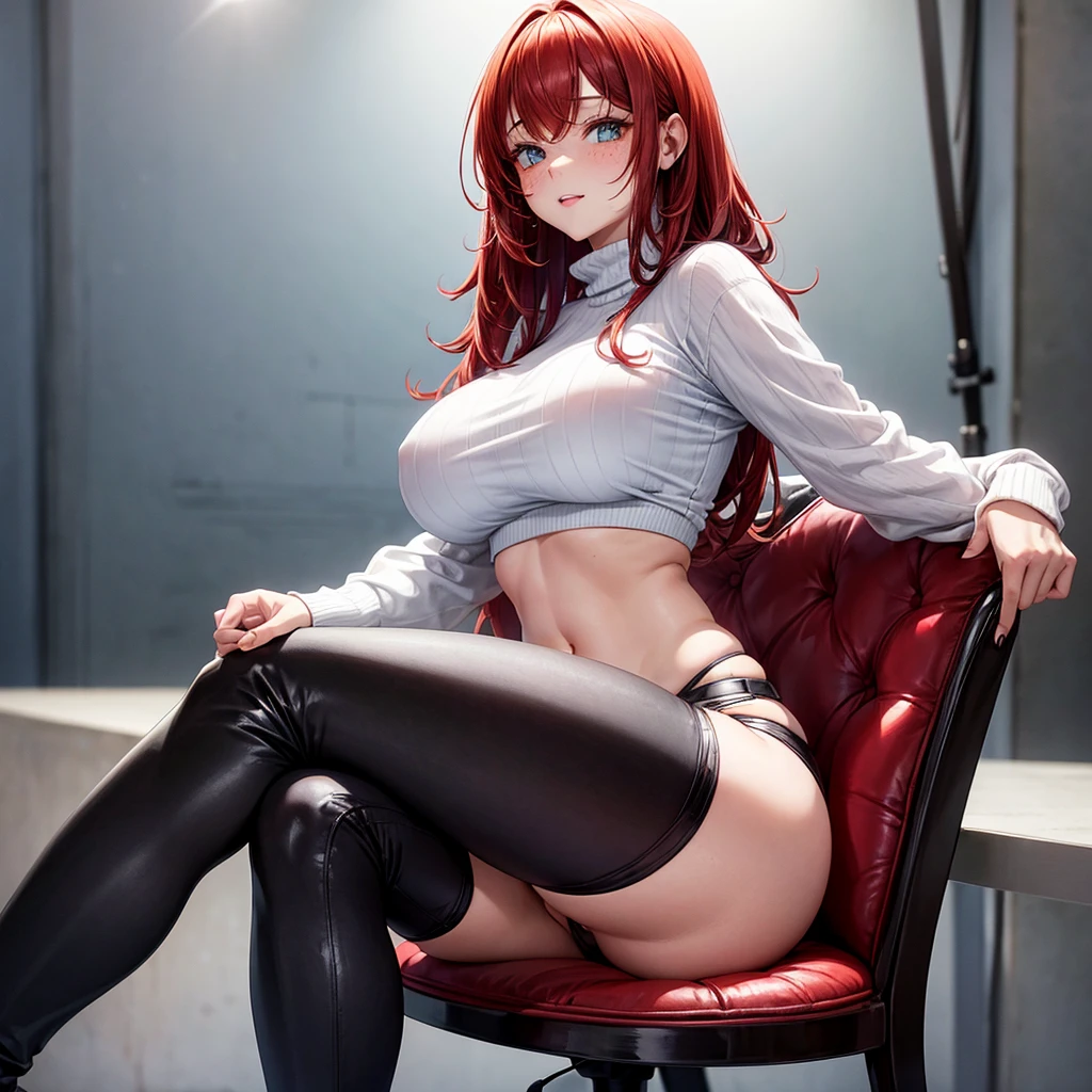 Girl in white sweater showing her belly, black leggings, ym pair of black ankle boots, a big ass and big breasts she is also sitting on a chair she has freckles on her face red hair.