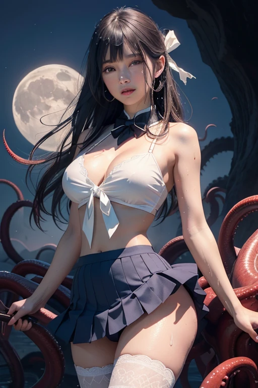 ((最high quality)), ((masterpiece)), (detailed), One girl, sexy,{{{{Great quality, Great quality, high quality, very beautiful, beautiful, 最high quality, Realistic}}}, (Super adopted),detailedな背景,high quality, High resolution, high quality texture,Beautiful details,細かいdetailed,Pretty and beautiful girl,(1 Girl),Beautiful Face,Seductive young girl,Focus on women,whole body,(Perfect body),nice,Her face is very detailed and expressive.cute,(((Magical girl))),Purple eyes,White ribbon,high quality,scan,,Black Hair, Blunt bangs, Wide-angle,blush, Sailor collar,{{{Light blue panties}}}, {White ribbon}},Embarrassing,A captivating and confident smile,Wet cloth,Fits perfectly to the skin, Tentacles, monster, Torn cloth, torn thighhighs,navy,mini skirt,Pleated skirt,thigh,Dark Background,Dynamic pose,Megami Magazine,moon,最high quality,Great quality,very beautiful,Absurd,cave with Tentacles,Cthulhu Mythos,Crying face,女の子の体に巻き付くTecles,女の子の手に巻き付くTentas,女の子の足に巻き付くTentacleorn clothing,Cleavage,Big Breasts,A large amount of love juice flowing from the,