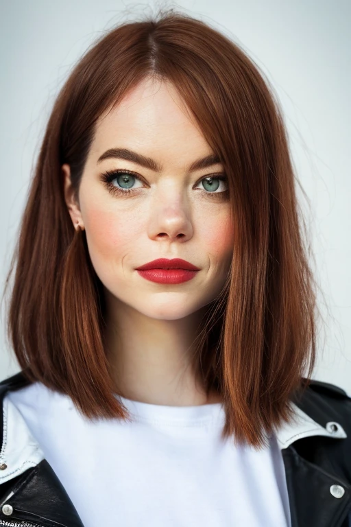 emma stone, realistic skin texture, (black leather jacket, black boot, white t-shirt, ripped jeans), sharp focus, 8K high definition, insanely detailed, intricate, art by Stanley Lau and Artgerm, bar setting, extremely detailed hazelnut eyes, long golden red hair with side bangs, red lips, brown eyeshadow, black outlined, black mascara, chubby, curviline, plump, ear piercing
