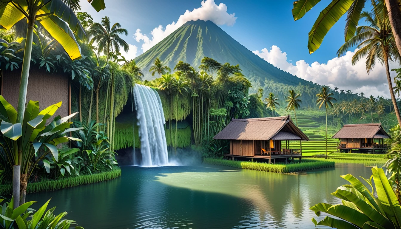 The waterfall flows from Bali cliffs into a lake. There is a small cabin surrounded by tropical forest plants like trees, banana trees. backdrop of volcanoes and vast rice fields filled with rice plants, blue sky, vibrant, realistic photography.