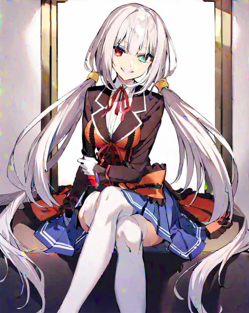 1girl, solo, long hair, breasts, looking at viewer, smile, blue eyes, skirt, shirt, red eyes, thighhighs, gloves, long sleeves, ribbon, twintails, sitting, very long hair, , jacket, white shirt, white hair, pleated skirt, shoes, white gloves, grin, white thighhighs, red ribbon, blue skirt, neck ribbon, low twintails, heterochromia, brown footwear, crossed legs, loafers, tokisaki kurumi