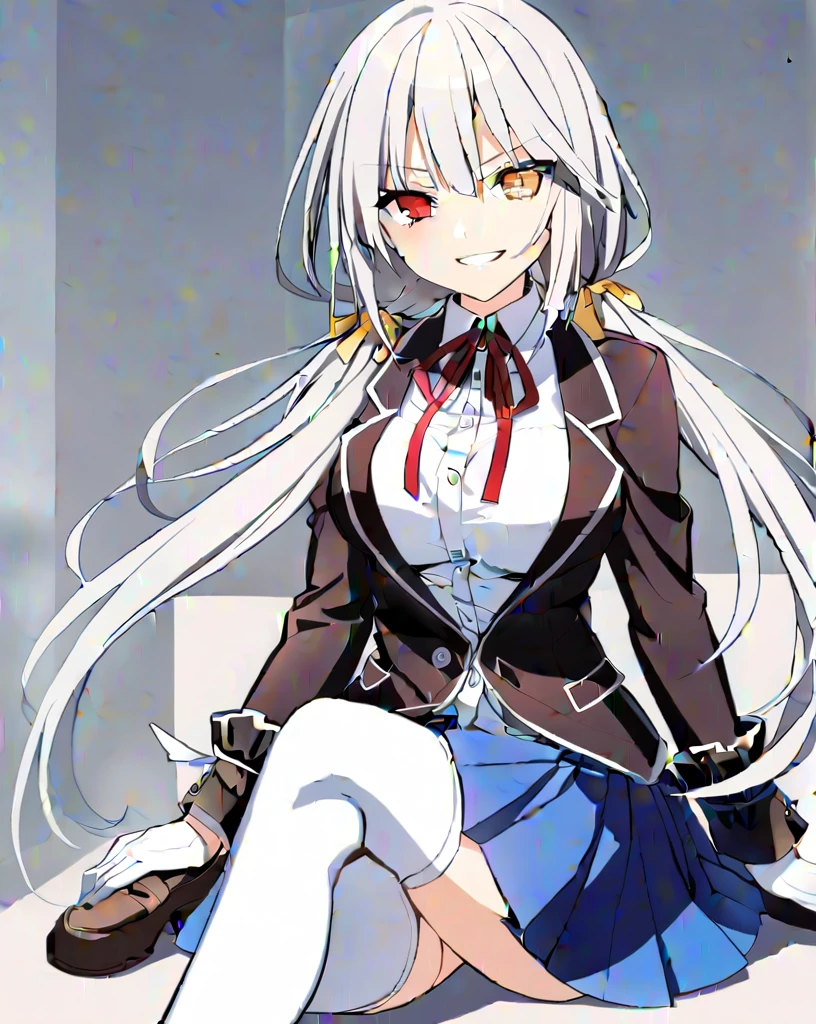 1girl, solo, long hair, breasts, looking at viewer, smile, blue eyes, skirt, shirt, red eyes, thighhighs, gloves, long sleeves, ribbon, twintails, sitting, very long hair, , jacket, white shirt, white hair, pleated skirt, shoes, white gloves, grin, white thighhighs, red ribbon, blue skirt, neck ribbon, low twintails, heterochromia, brown footwear, crossed legs, loafers, tokisaki kurumi