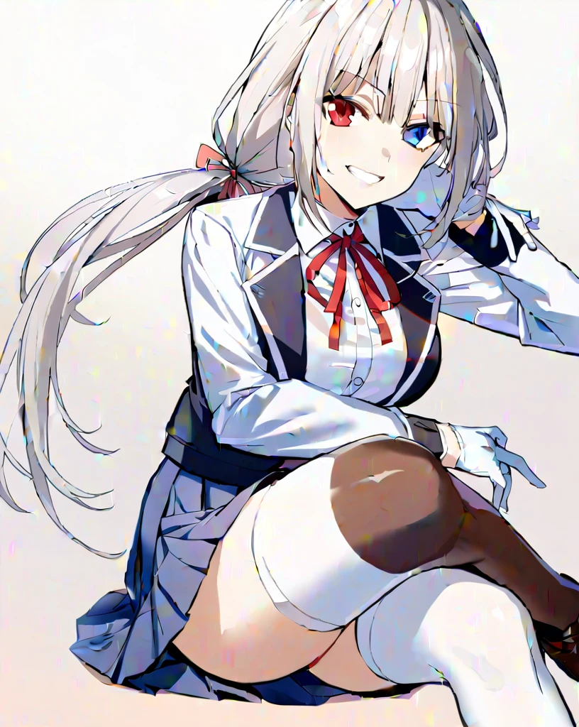 1girl, solo, long hair, breasts, looking at viewer, smile, blue eyes, skirt, shirt, red eyes, thighhighs, gloves, long sleeves, ribbon, twintails, sitting, very long hair, , jacket, white shirt, white hair, pleated skirt, shoes, white gloves, grin, white thighhighs, red ribbon, blue skirt, neck ribbon, low twintails, heterochromia, brown footwear, crossed legs, loafers, tokisaki kurumi