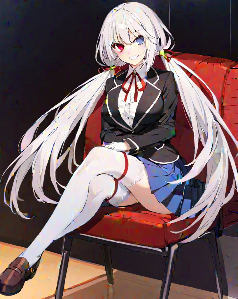 1girl, solo, long hair, breasts, looking at viewer, smile, blue eyes, skirt, shirt, red eyes, thighhighs, gloves, long sleeves, ribbon, twintails, sitting, very long hair, , jacket, white shirt, white hair, pleated skirt, shoes, white gloves, grin, white thighhighs, red ribbon, blue skirt, neck ribbon, low twintails, heterochromia, brown footwear, crossed legs, loafers, tokisaki kurumi