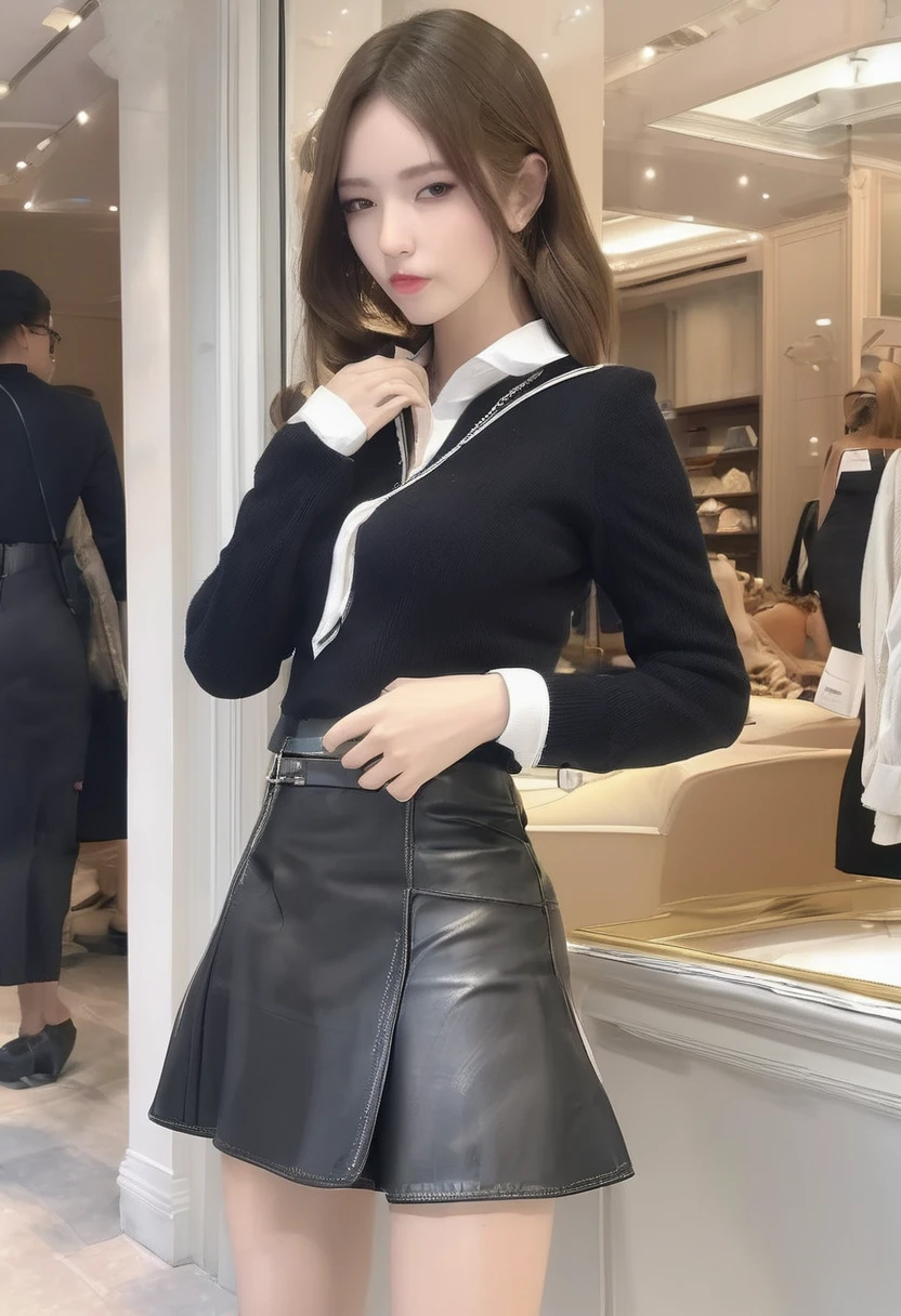 21-year-old girl, brunette, with wavy hair, stands in front of a Louis Vuitton shop, touching her hair. She showcases a slender figure and a model-like appearance, wearing Louis Vuitton pantyhose and a Louis Vuitton crop top, capturing the elegance and sophistication of the moment. Emphasizing the beauty of the surroundings, she exudes a stylish presence, big breasts, the image is taken from the front, providing a beautiful and alluring gaze, she lifts her skirt to show her pantyhose