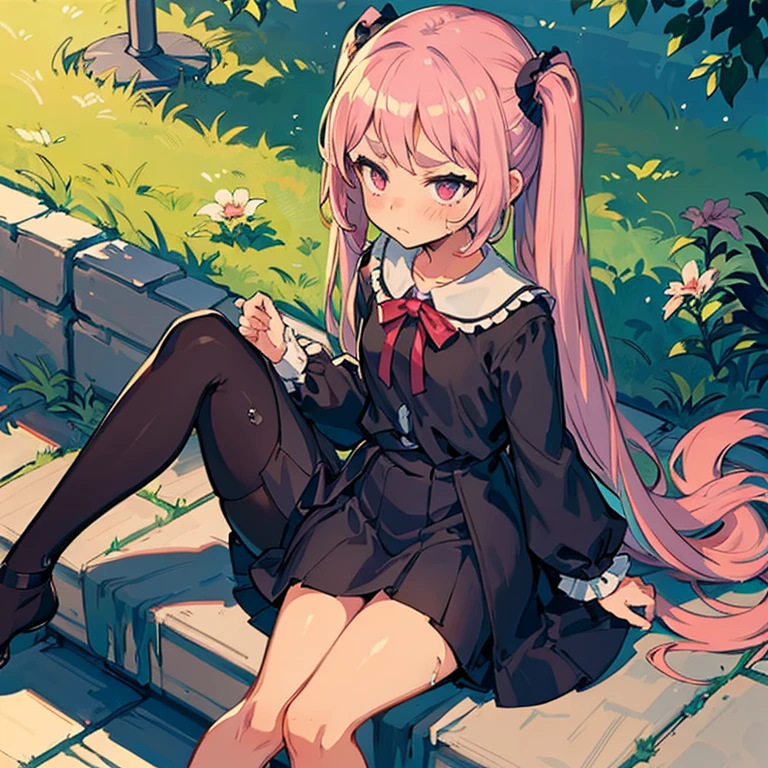 Girl with pink hair, long twintail hairstyle, ((small bushy eyebrows)), wearing gothic lolita clothing, lolicon , walking to school, flirty smile,, bored look, bored face,, (sitting with legs open lifting her skirt to show her vagina wet with semen) , male pov, looking from above view