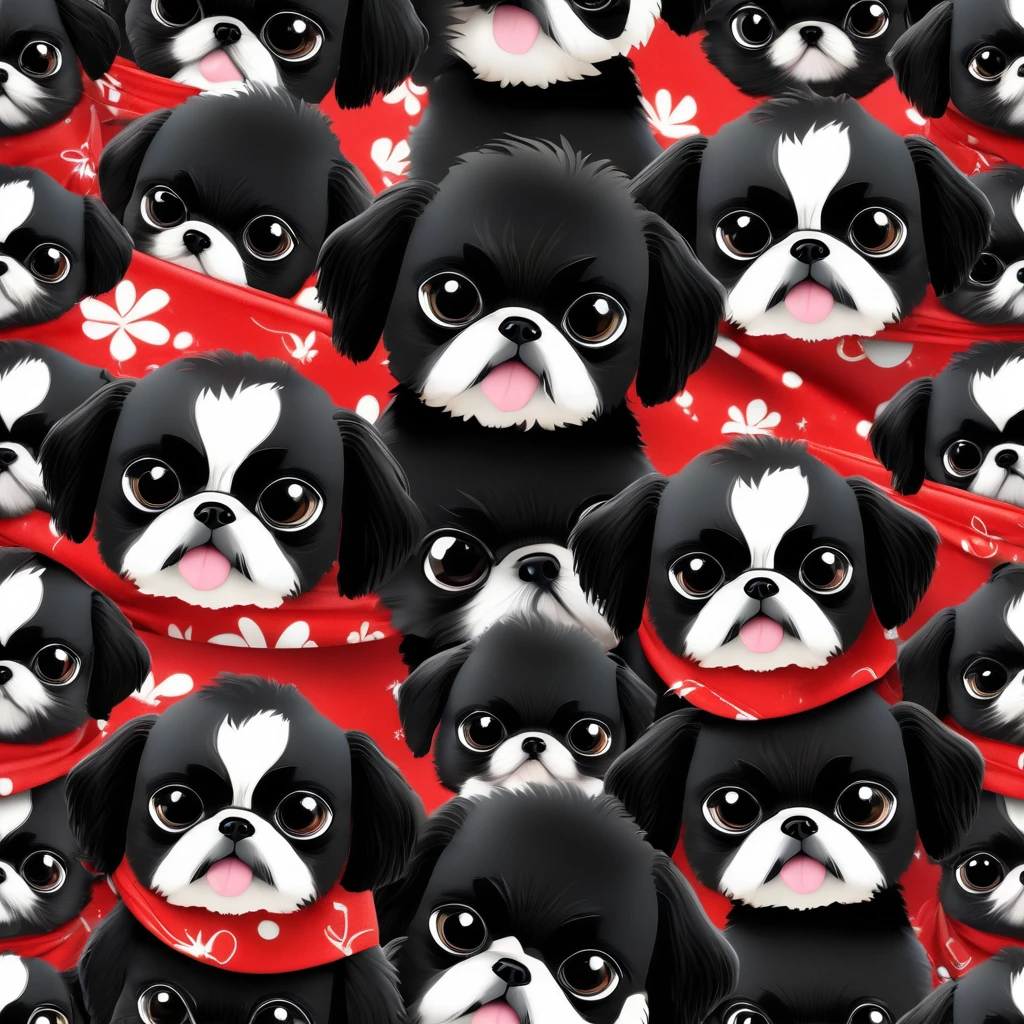 2 Adorable small black Shih Tzu puppies wearing bright bandannas gang members Disney background 3d cartoon 3d render disney pixar style