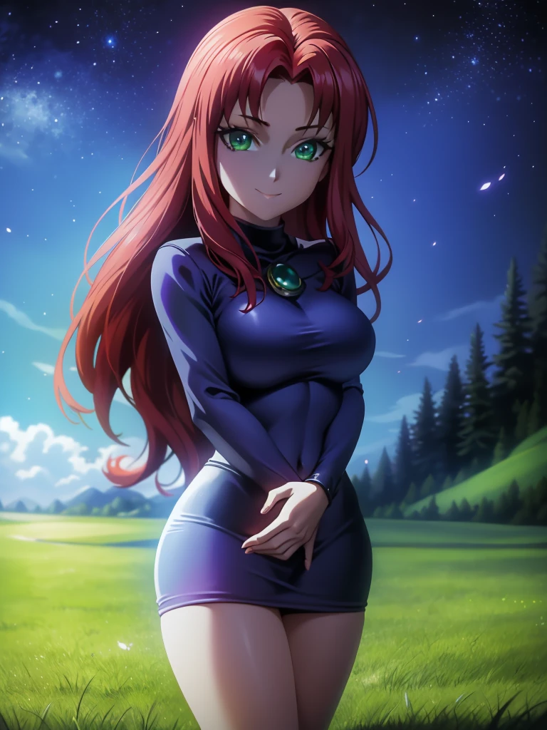 masterpiece)), best quality, ultra detailed, looking at viewer, intricate details, rich colors, sharp focus, volumetric lighting, dramatic atmosphere, looking at viewer, 8k, 4k,light particles, highly detailed, detailed eyes, solo, looking at the viewer, high quality, Teen Titans, redhead, green eyes, arms behind back, big tits, SMILE, blue sky, grassy plains,