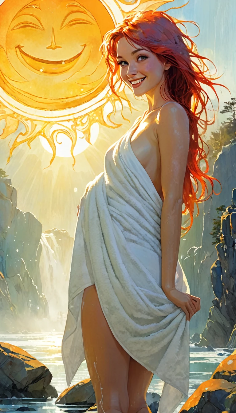 (soak:1.5) hot spa, fantasy, (nature:1.3), rock, (sun:1.5), fog, girl, smile, towel, flat illustration, close-up, masterpiece, best-quality, high-definition, ultra-detailed, highest-resolution, intricate,(art inspired by Bill Sienkiewicz, intricate details, oil painting)
