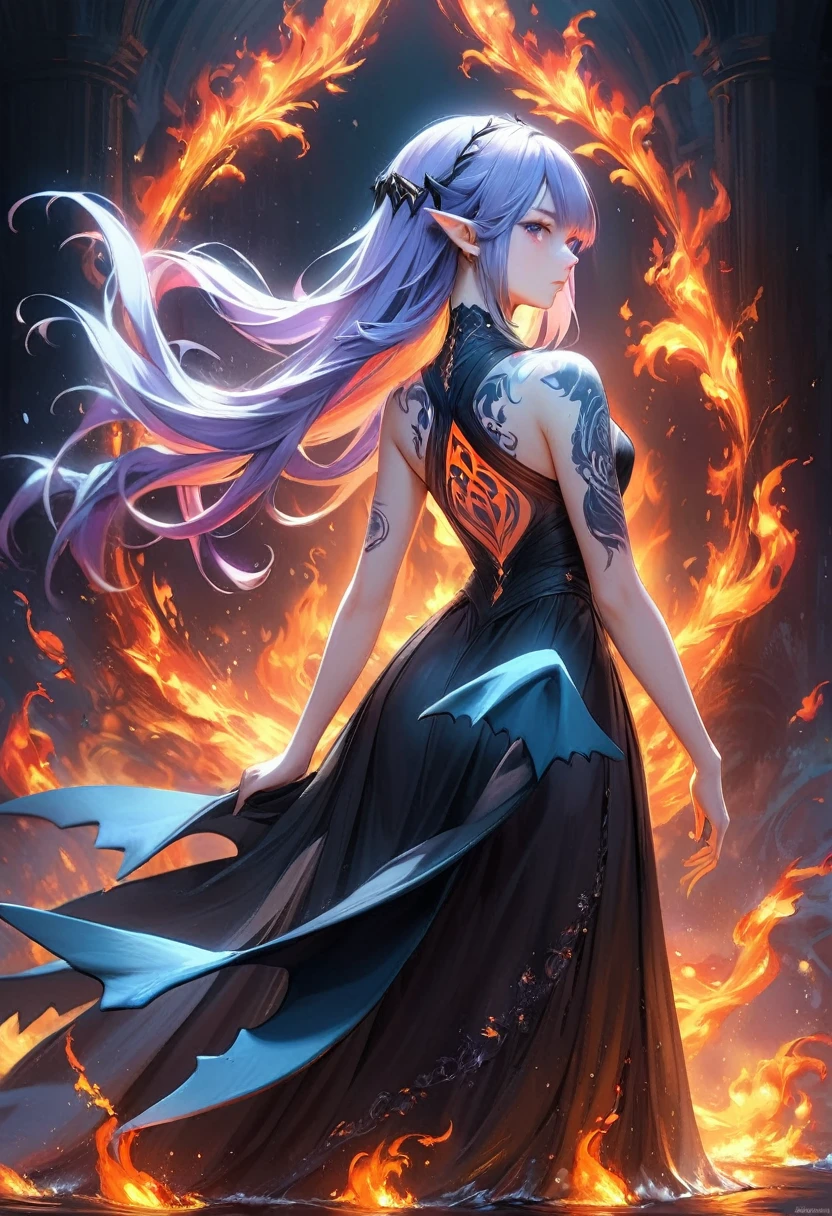 Arafed, Dark fantasy art, fantasy art, goth art, a picture of a tattoo on the back of a female elf, a glowing tattoo of a ((shark: 1.3)) on the elf's back, the ((shark tattoo)) is vivid, intricate detailed coming to life from the ink to real life, GlowingRunesAI_purple, ((fire surrounds the shark: 1.5)), shoot taken from the back, ((the back is visible: 1.3), she wears a transparent black dress, the dress is elegant, flowing, elven style, that the tattoos glow, dynamic hair color, dynamic hair style, faize,, Digital Painting