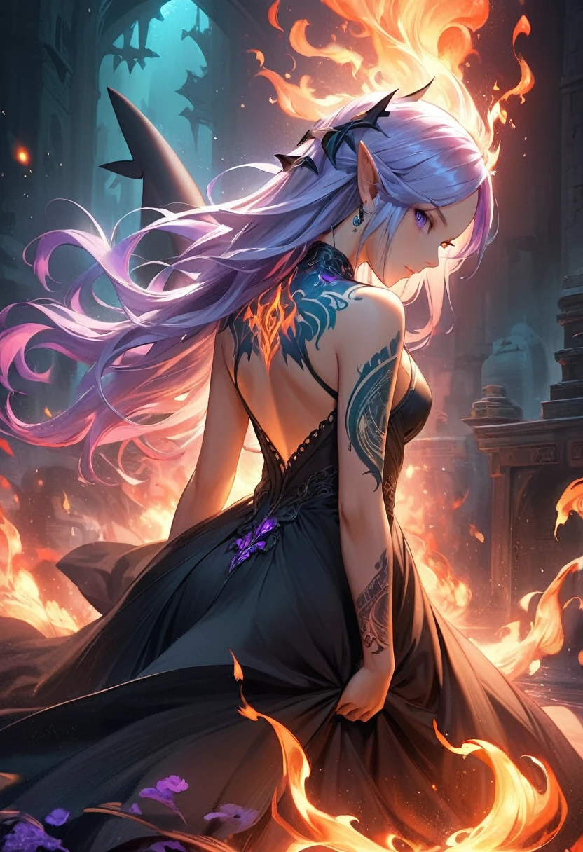 Arafed, Dark fantasy art, fantasy art, goth art, a picture of a tattoo on the back of a female elf, a glowing tattoo of a ((shark: 1.3)) on the elf's back, the ((shark tattoo)) is vivid, intricate detailed coming to life from the ink to real life, GlowingRunesAI_purple, ((fire surrounds the shark: 1.5)), shoot taken from the back, ((the back is visible: 1.3), she wears a transparent black dress, the dress is elegant, flowing, elven style, that the tattoos glow, dynamic hair color, dynamic hair style, faize,, Digital Painting