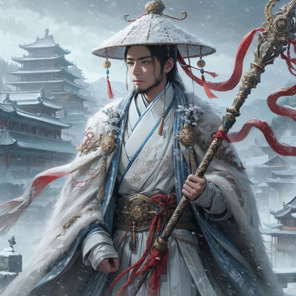 (Masterpiece:1.2), (Best Quality:1.2), (high resolution:1.2), (beautiful face and eye:1.2), (sharpest focus:1.2), (Ultra-realistic Photo:1.2), (Ultra-precise Photo:1.2), (Depth of field:1.2), (perfect ???????:1.2), (nice hands:1.2), 
(perfect hands:1.2), (five fingers:1.2), (Young, fearless, beautiful, shady Chinese man:1.0), (Lonely Chinese warrior with spear:1.0), (Neatly trimmed short beard and tied hair:1.0), (Blazing Chinese period drama style fortress:1.0), 
(long spear with serpentine blade and ornate decoration:1.0), (white tsubakuhiro cap and cloak:1.0), (white armor with red, blue, and yellow coloring:1.0), (snowstorm:1.0), (melancholy expression:1.0), (picturesque standing figure:1.0),