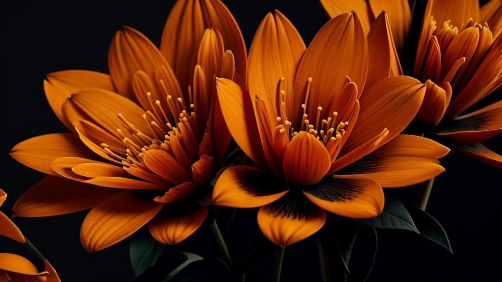 an orange and black image with some orange flowers and highly detailed shades of black ,8K ,ultra HD