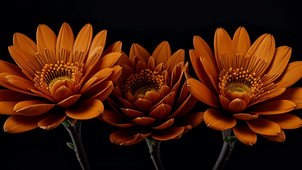 an orange and black image with some orange flowers and highly detailed shades of black ,8K ,ultra HD