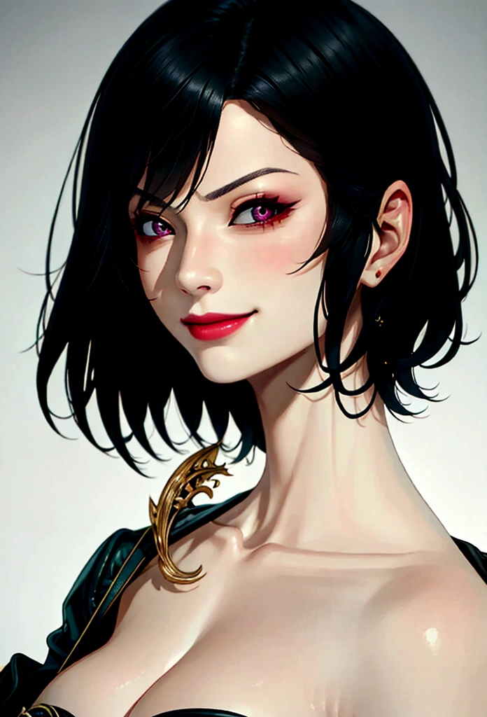 one woman, japan girl style, short hair, tailcoat, tying up hair pose, close up view, portrait, side profile, dark room, evil smile, disgusted, looking at viewer, dark lighting, photography, best quality, realistic, realistic, intricate details, (fine details), (intricate details), best quality darkness, clear lines, 8k, super high resolution, pureerosface_v1,