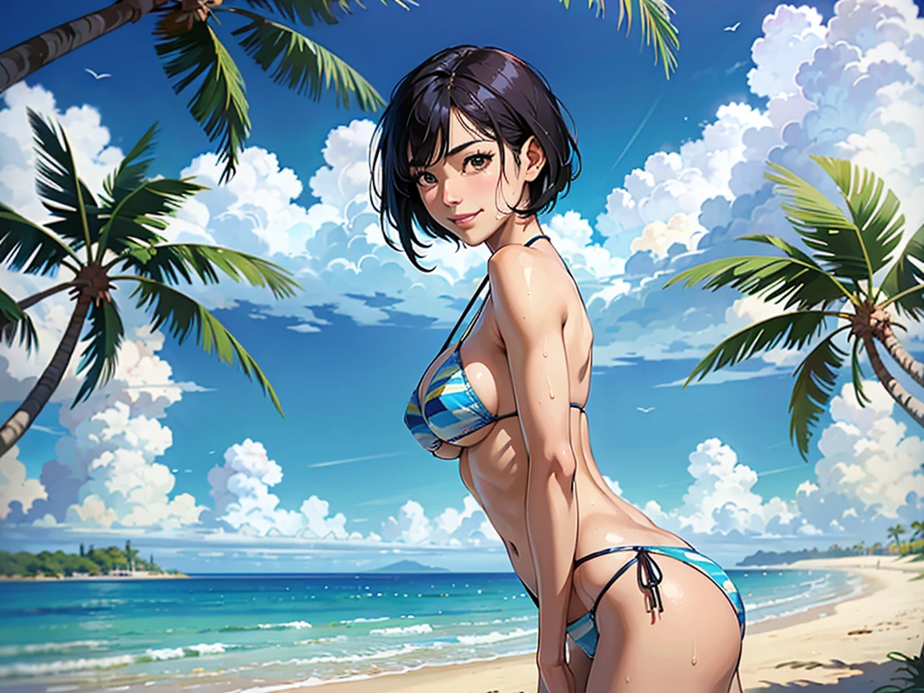 ((highest quality, masterpiece, High resolution)), ((reality)),Photos of beautiful Japanese women,((anime art))、 (((1 girl))), normal size breasts, slim body shape, medium short hair, double eyelid, Wet see-through micro bikini, A pareo with bold ethnic patterns and plenty of primary colors、realistic skin、Wet,whole body,cinematic light、tropical、Against the background of palm trees on both sides、on a sunny beach、With the sea in the background、blur background、smile