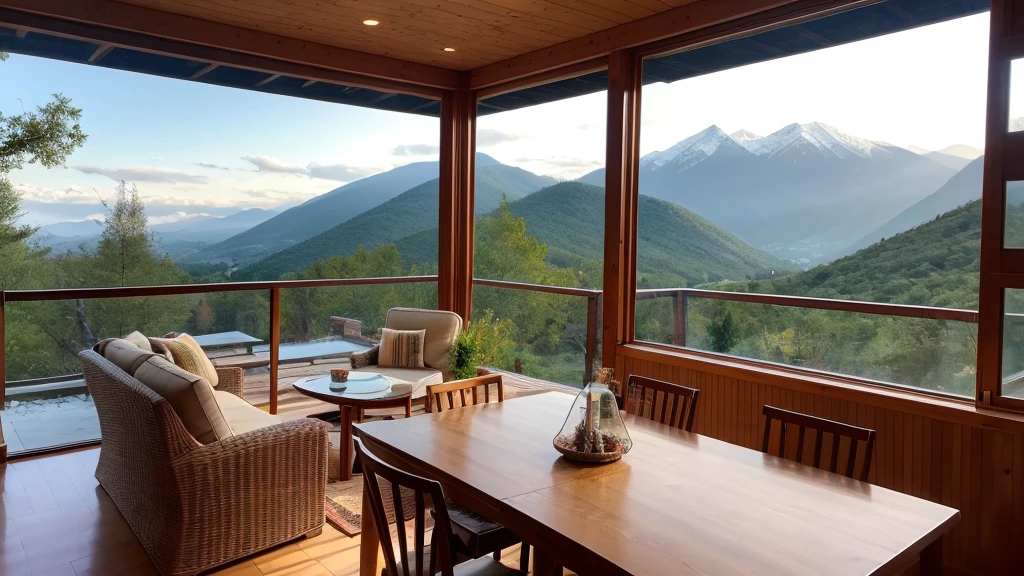 Cozy mountain home surrounded by stunning views, Natural light comes in、Snow Capped Mountain々It features large windows with panoramic views of。. The interior is decorated with comfortable furniture., A lit fireplace and cozy atmosphere, Relax and enjoy the tranquility of nature