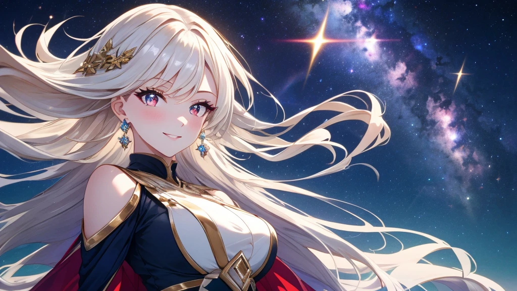 (simple hand: 0.5) + (Detailed hand: 0.7), (Masterpiece), (Best Quality), by white, red Eyes, 1 girl, pale skin, by white, red Eyes, bicolor hair, eyelashes, wifes, jewelry, SMILE, shiny skin, shiny hair, Detailed and majestic scenery, Fancy, wide, 1 girl, bicolor hair, night sky, incredibly detailed CG illustration masterpiece looking at you, cheered up, beautiful cheered up Eyes, beautiful detailed Eyes, Eyes, sparkling Eyes, Different colored Eyes, red Eyes, blue Eyes, Galaxy, Nebula, (whole body), (curve)