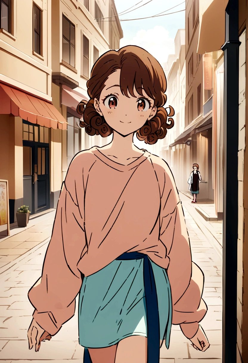 (best qualityer:0.8) perfect anime illustration, a handsome, happy woman with short curly brown hair on the city streets, wearing a sweatshirt, overskirt