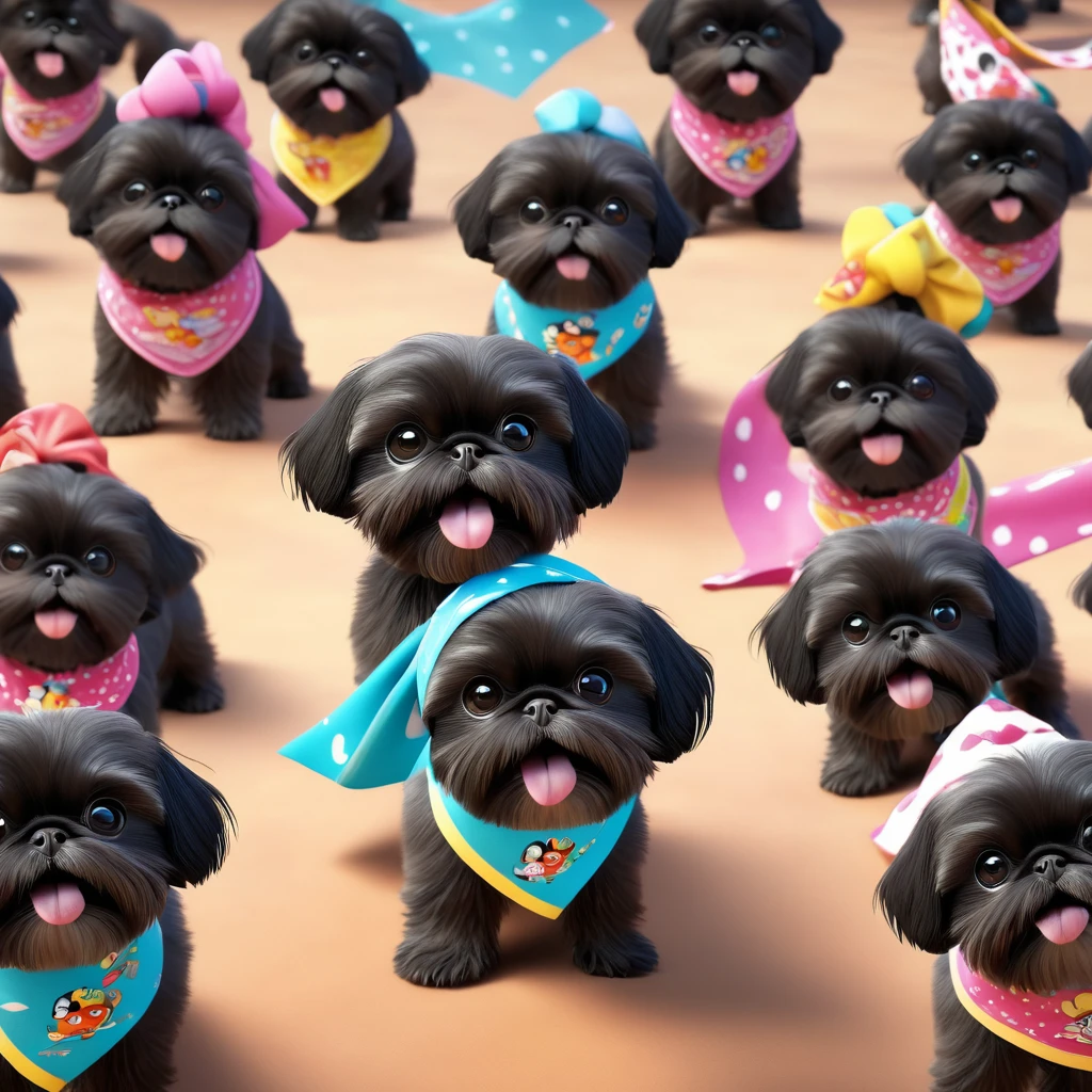2 Adorable small black Shih Tzu puppies wearing bright bandannas working out Disney background 3d cartoon 3d render disney pixar style