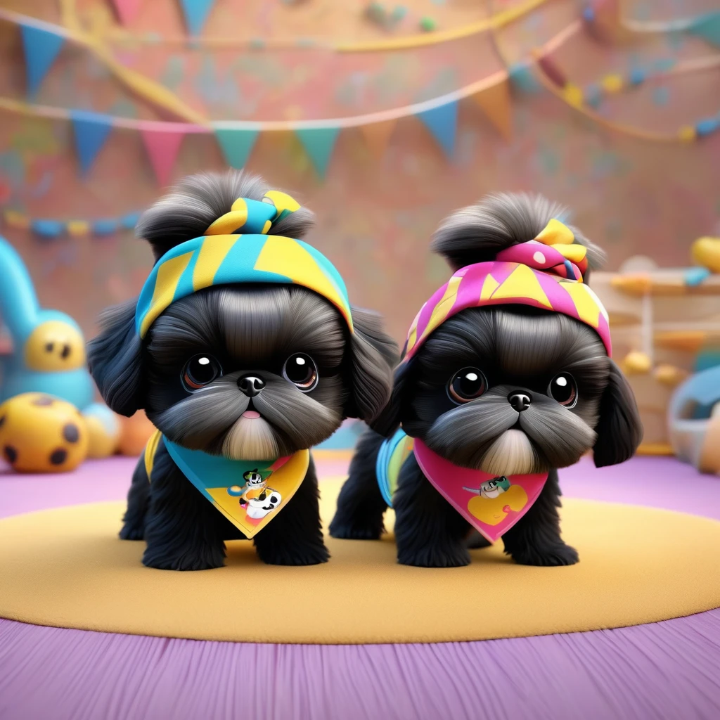 2 Adorable small black Shih Tzu puppies wearing bright bandannas working out Disney background 3d cartoon 3d render disney pixar style
