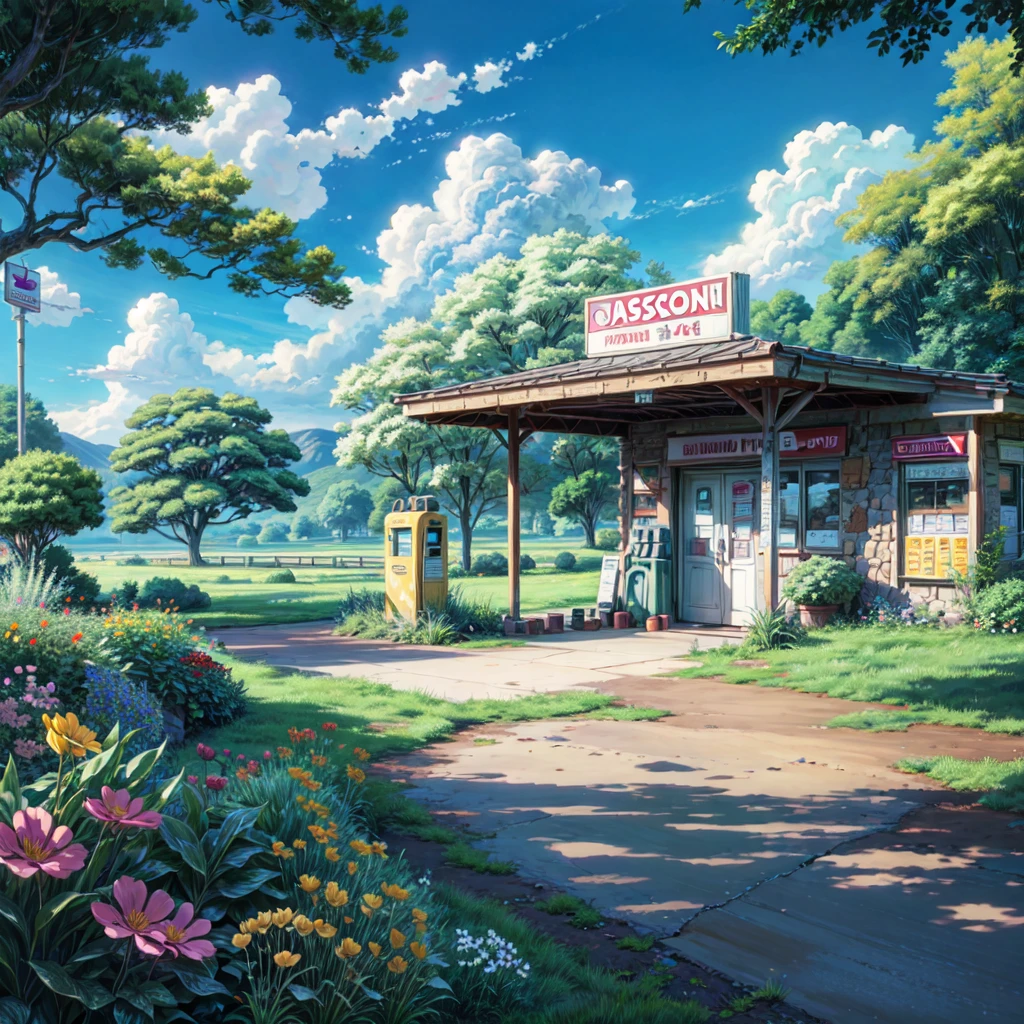 a painting of a gas station with a gas pump and flowers, anime background art, beautiful anime scenery, ross tran. scenic background, anime scenery concept art, beautiful anime scene, anime scenery, anime countryside landscape, anime background, colorful anime movie background, anime beautiful peace scene, studio glibly makoto shinkai, style of makoto shinkai, beautiful anime artwork