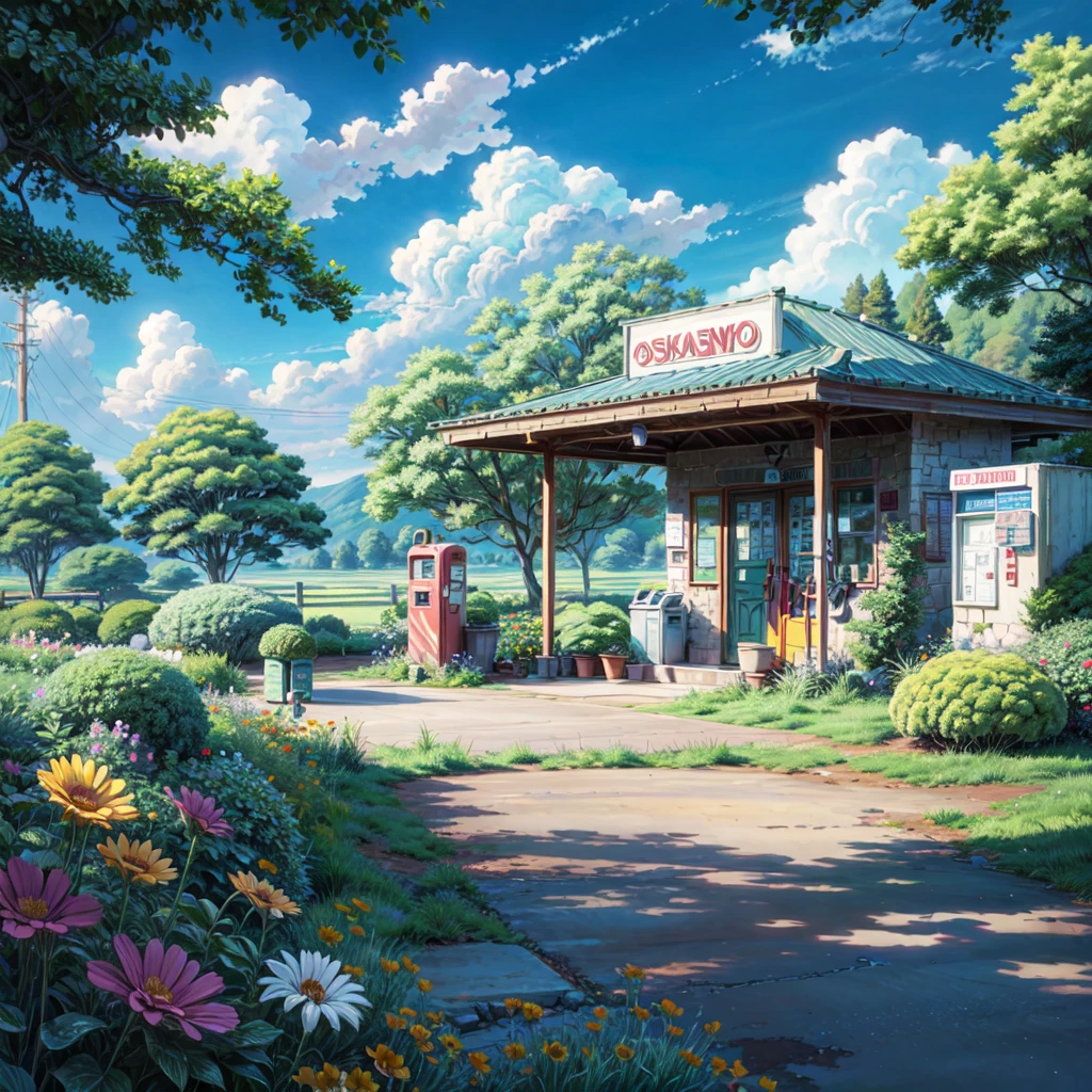 a painting of a gas station with a gas pump and flowers, anime background art, beautiful anime scenery, ross tran. scenic background, anime scenery concept art, beautiful anime scene, anime scenery, anime countryside landscape, anime background, colorful anime movie background, anime beautiful peace scene, studio glibly makoto shinkai, style of makoto shinkai, beautiful anime artwork
