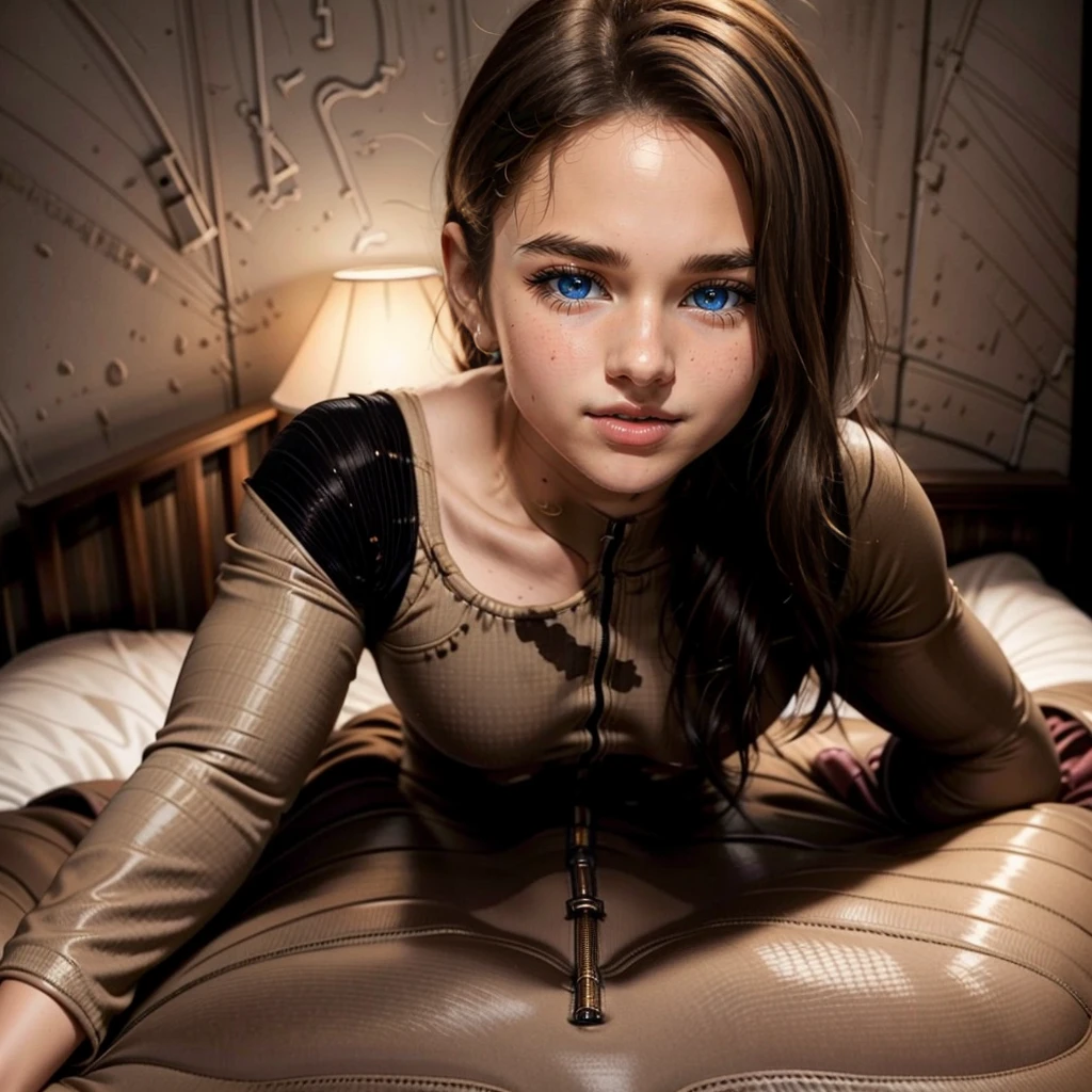 female, brown hair, blunt bangs, ponytail, (big smile:1.6), eyeshadow, lipstick, (skintight battlesuit:1.5), looking at viewer, side view, dark bedroom, rim lighting, detailed skin, detailed eyes