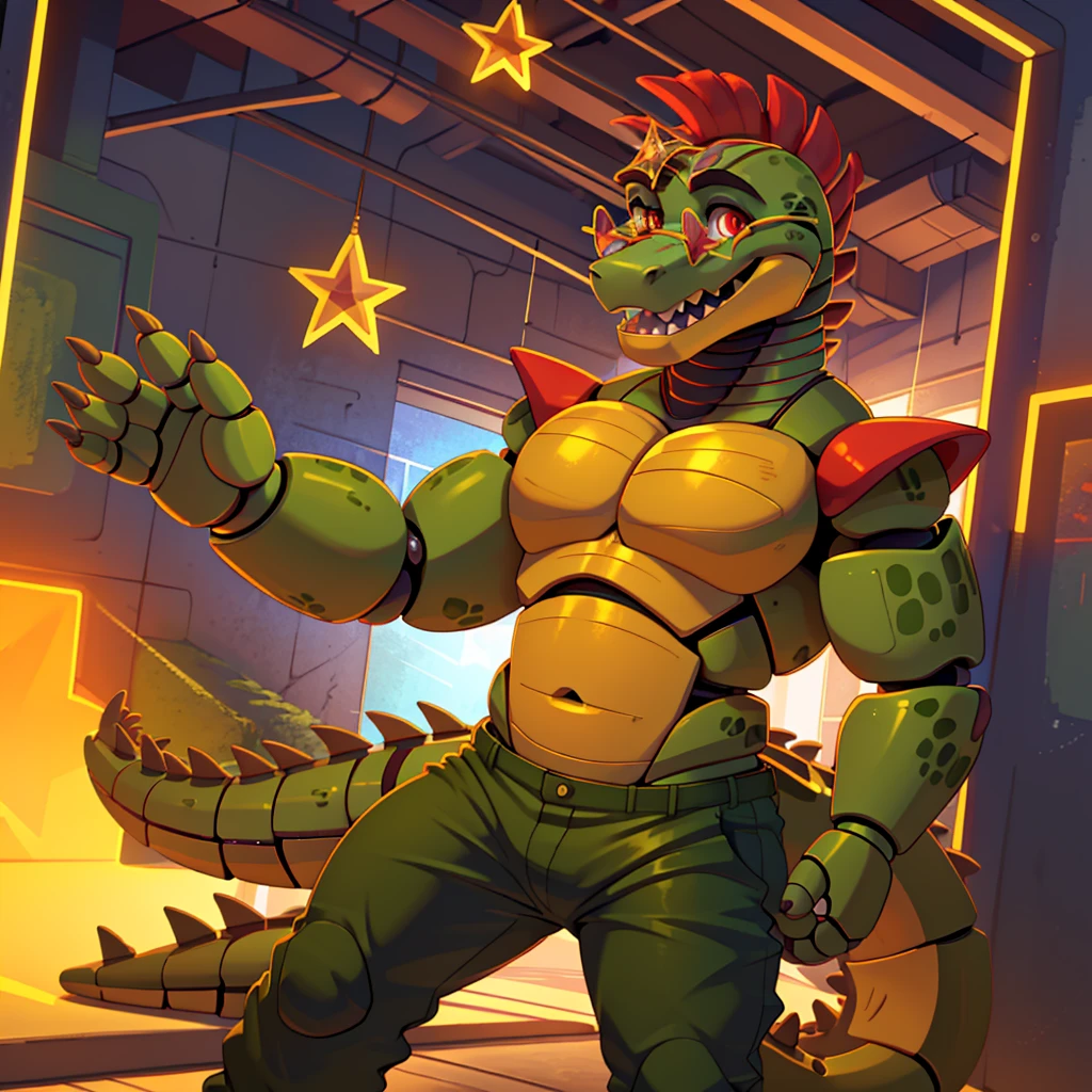 (masterpiece), ((perfect anatomy)), (high Res), (4k), alligator, buff, strong, red eyes, wide shoulders, (robot), (animatronic), happy, (no shirt)), ((green pants)), ((yellow star shaped glasses)), (cute artstyle), (((solo)))