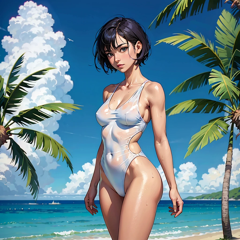 ((highest quality, masterpiece, High resolution)), ((reality)),Photos of beautiful Japanese women,((anime art))、 (((1 girl))), normal size breasts, slim body shape,  medium short hair, double eyelid, Wet see-through one-piece swimsuit,,  A pareo with bold ethnic patterns and plenty of primary colors、realistic skin、Wet,whole body,cinematic light、tropical、Against the background of palm trees on both sides、on a sunny beach、With the sea in the background、blur background、Clean abs,