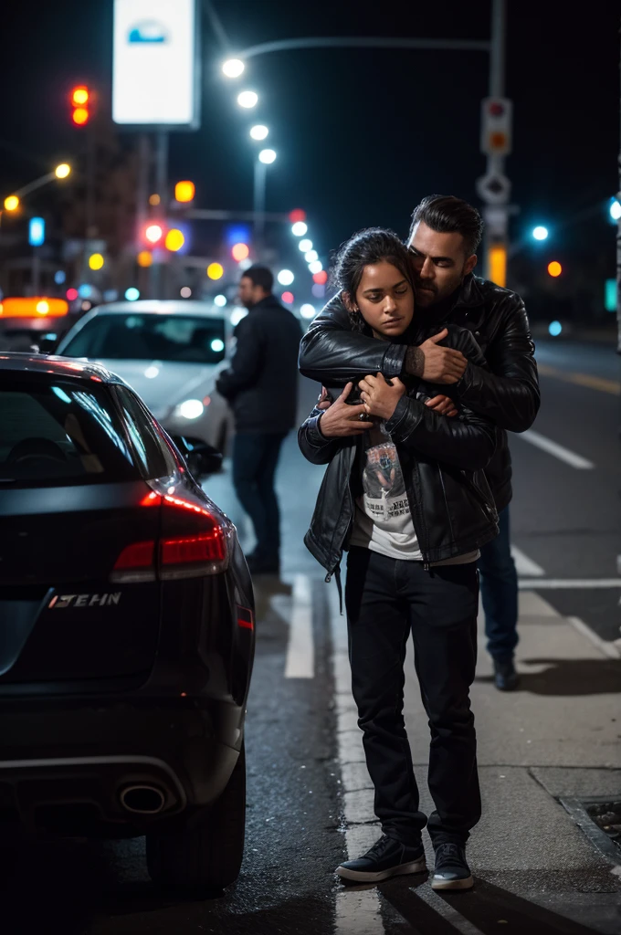 /street photography, man in jacket, mst tmrc, night road landscape,
American man in a jacket, saved a 5 year old girl, who was alone on the road, with dirty clothes and crying, she was lost, she was hugging the man who saved her.
Intricate details, natural lighting, Artwork, highly detailed, 35mm photography, Kodachrome, sharp focus