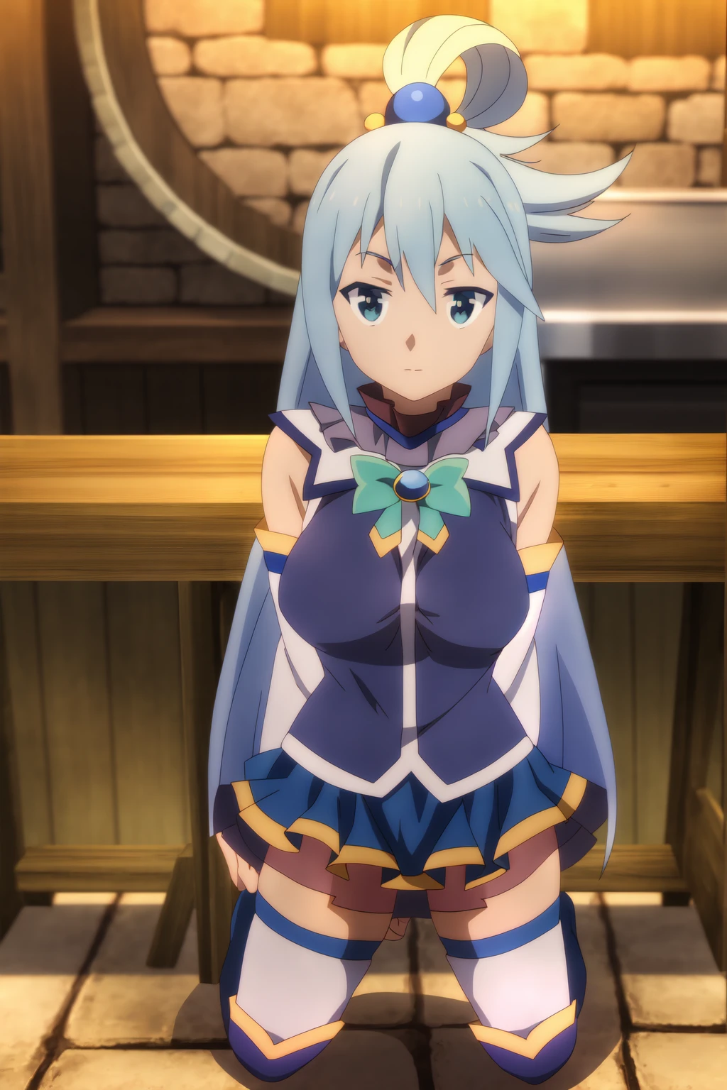 tavern; Aqua, kneeling straddling; cowboy shot;