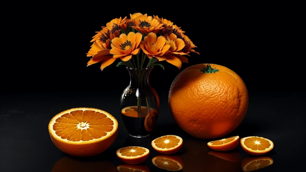 an orange and black image with some small flowers scattered throughout the image ,also highly detailed oranges and black tones ,8K ,ultra HD