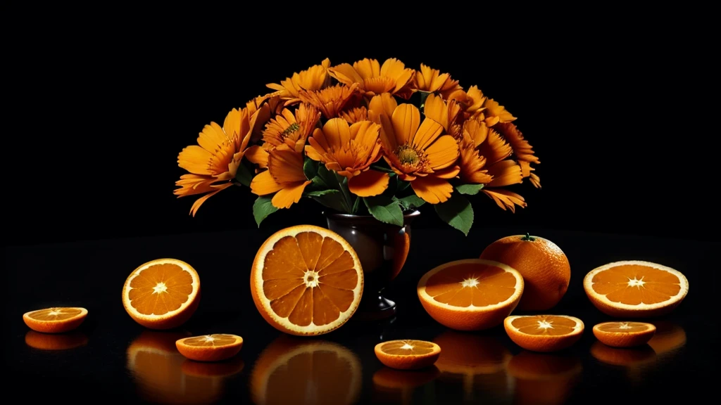an orange and black image with some small flowers scattered throughout the image ,also highly detailed oranges and black tones ,8K ,ultra HD 