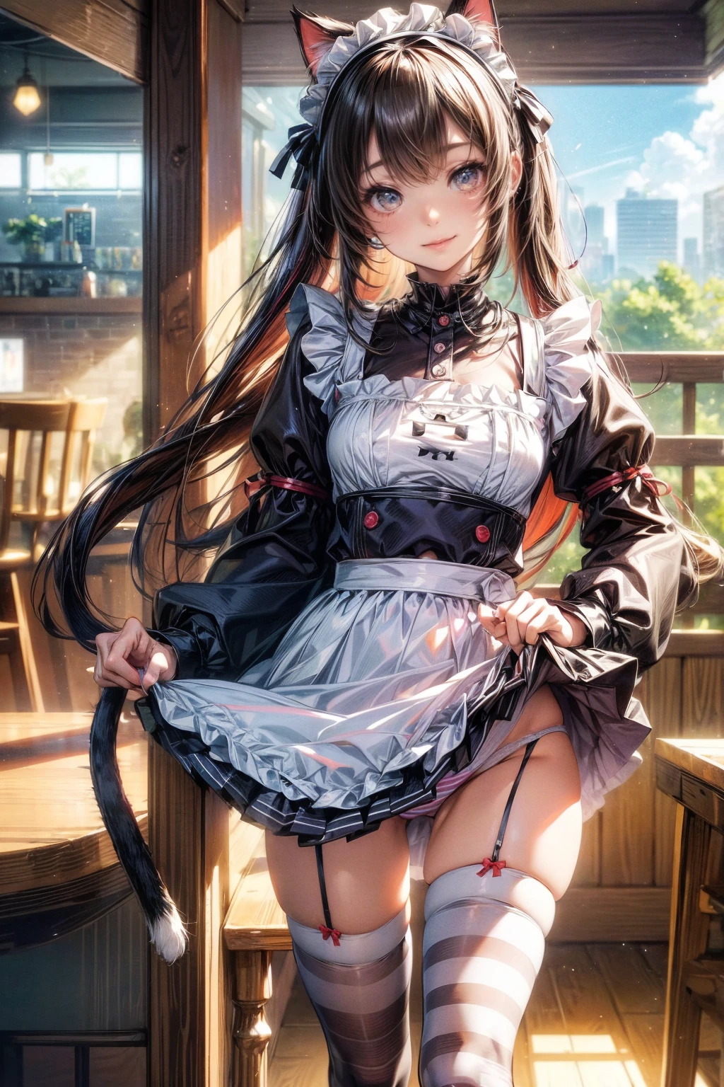 NSFW、One Girl、Cat ears headband、Cat tail、Enamel maid outfit、Short skirt、Thigh-high socks with horizontal stripes、Enamel striped pants、Highest quality、8K、Beautiful Face、Mischievous smile、Lift your skirt to show your underwear、Wink、View Viewer、Bright cafe