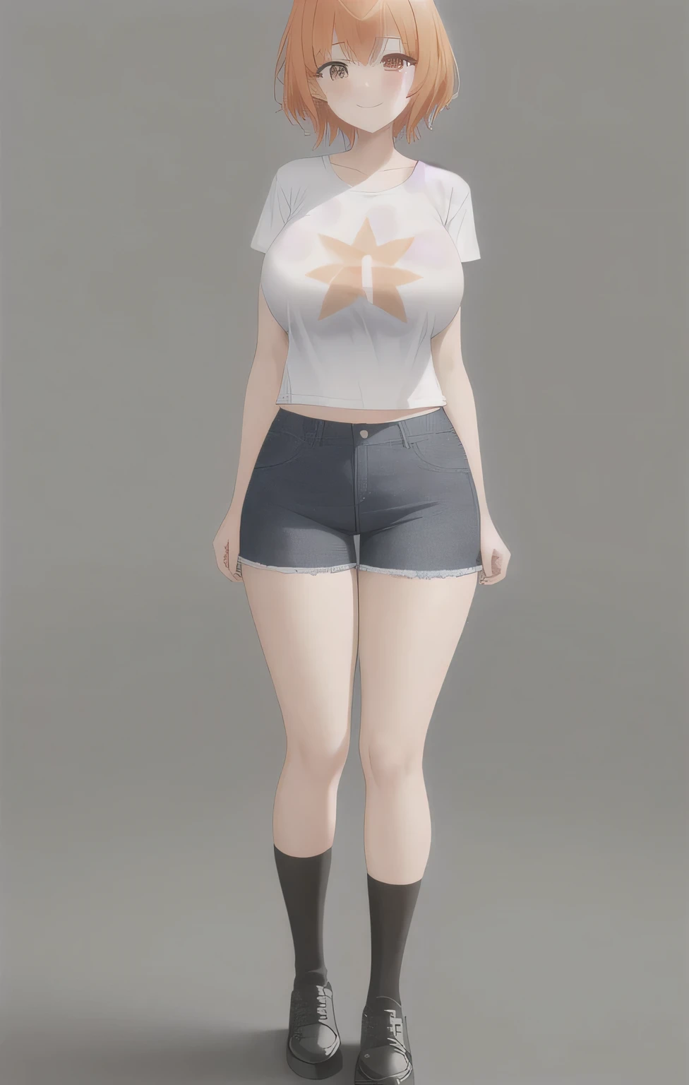 1girl, star eye, blush, perfect illumination, unreal engine, sidelighting, detailed face, bangs, bright skin, simple background, a view of an adult woman wearing a wearing denim shorts and a orange top, big breast, solo, smile, orange hair, short hair, shirt, shorts, full body, crop top, looking at viewer, muscular arms, hands down, black over-the-knee socks, standing, legs and feet are also visible, brown eyes, city, tall, full body, fat