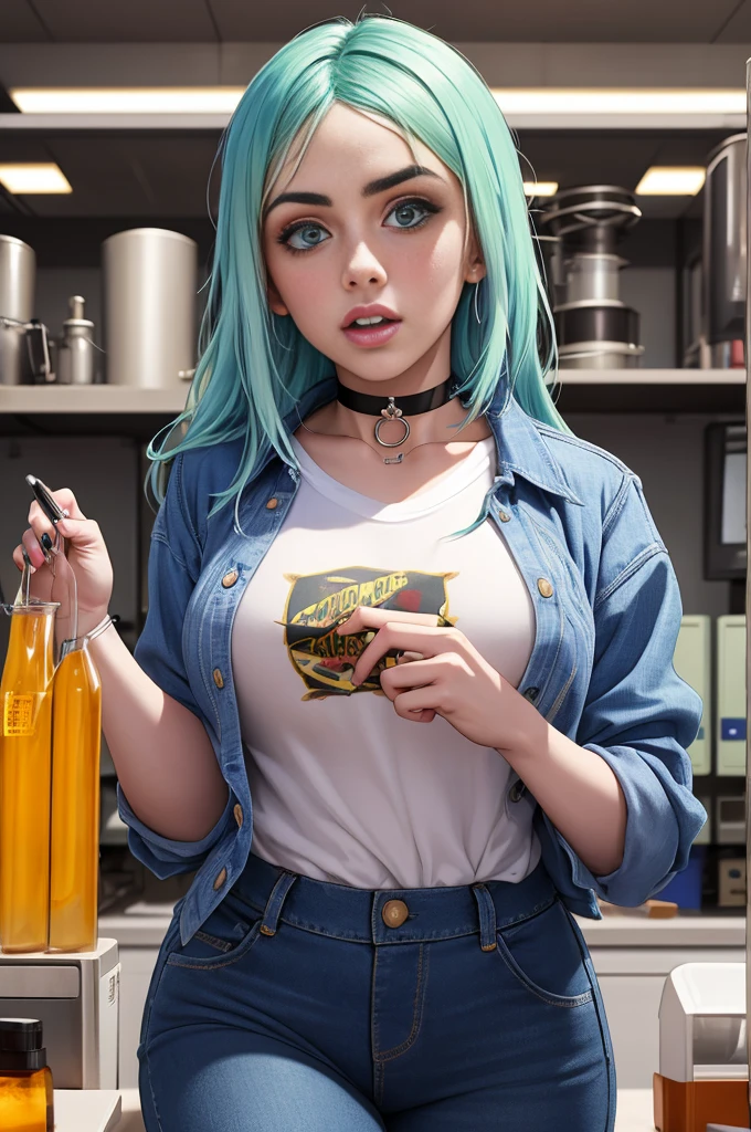 Billie Eilish, Blue plaid shirt, blue jeans, choker necklace, working in the lab, in the lab, working with chemical equipment, chest covered with shirt, Detailed hands, HD fingers, camel&#39;s foot, Wedges, contour, nude cleavage, ((small breasts))(handmade:1.4), (penis:1.2),focus on penis, (naked tits covered in cum:1.3 NFV((after blowjob)), ((cum on face))